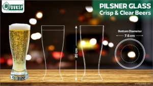 Pilsner Glass – Preserving the Effervescence - Showcasing Crisp, Clear Beers. The pilsner glass is tall, slender, and designed to highlight the crispness of light beers, such as pilsners and lagers. The shape encourages the beer's effervescence, allowing the bubbles to rise smoothly, which creates a fluffy head that lasts longer. Its tall, narrow structure enhances the appearance of the beer's golden hue, making it visually appealing.