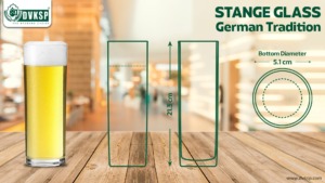 Stange Glass – The German Tradition. The Stange glass is a cylindrical, narrow glass used primarily for Kölsch beers. Its tall and narrow shape helps maintain the beer’s delicate carbonation and aroma. This glass is often used in Germany and is perfect for showcasing lighter, more delicate beers. DVKSP Tip: When crafting light beers with our hops and malts, use a Stange glass to maintain the beer’s carbonation and crisp flavor.