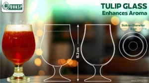 Tulip Glass – Enhancing Aroma - The Go-To for Hoppy and Complex Beers. The tulip glass is designed for more aromatic and complex beers. Its rounded bowl allows the beer to be swirled, releasing volatile aromas. The flared lip at the top helps capture and concentrate those aromas, making each sip a flavorful experience. This glass is perfect for Belgian ales, IPAs, and other hop-forward beers.