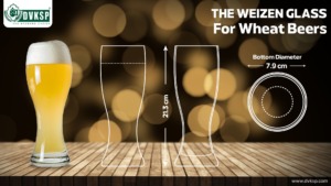 The Weizen Glass – For Wheat Beers. The Weizen glass is tall and slender with a wide top, designed specifically for wheat beers. This glass allows for a large head, which is essential for trapping the unique aromas of wheat beers, such as clove and banana. The tall structure also helps to showcase the beer's hazy appearance, making it an excellent choice for visually appealing wheat beers. DVKSP Tip: Serve wheat beers brewed with DVKSP’s specialty yeast in a Weizen glass to emphasize the fruity and spicy aromas.